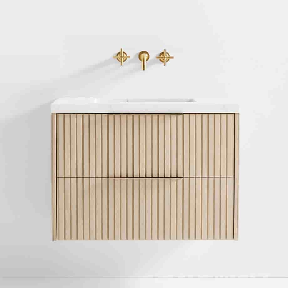 White Marble Top and Oak Wood Single Sink Floating Vanity