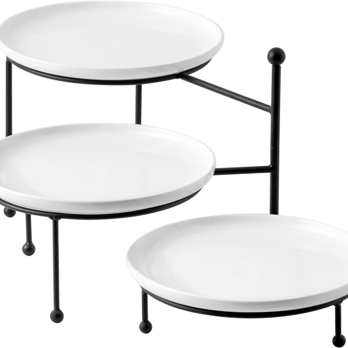 3 Tiered Serving Stand with White Porcelain Plates, 10 Inch Round Tray, Black Metal Stand, Versatile & Durable