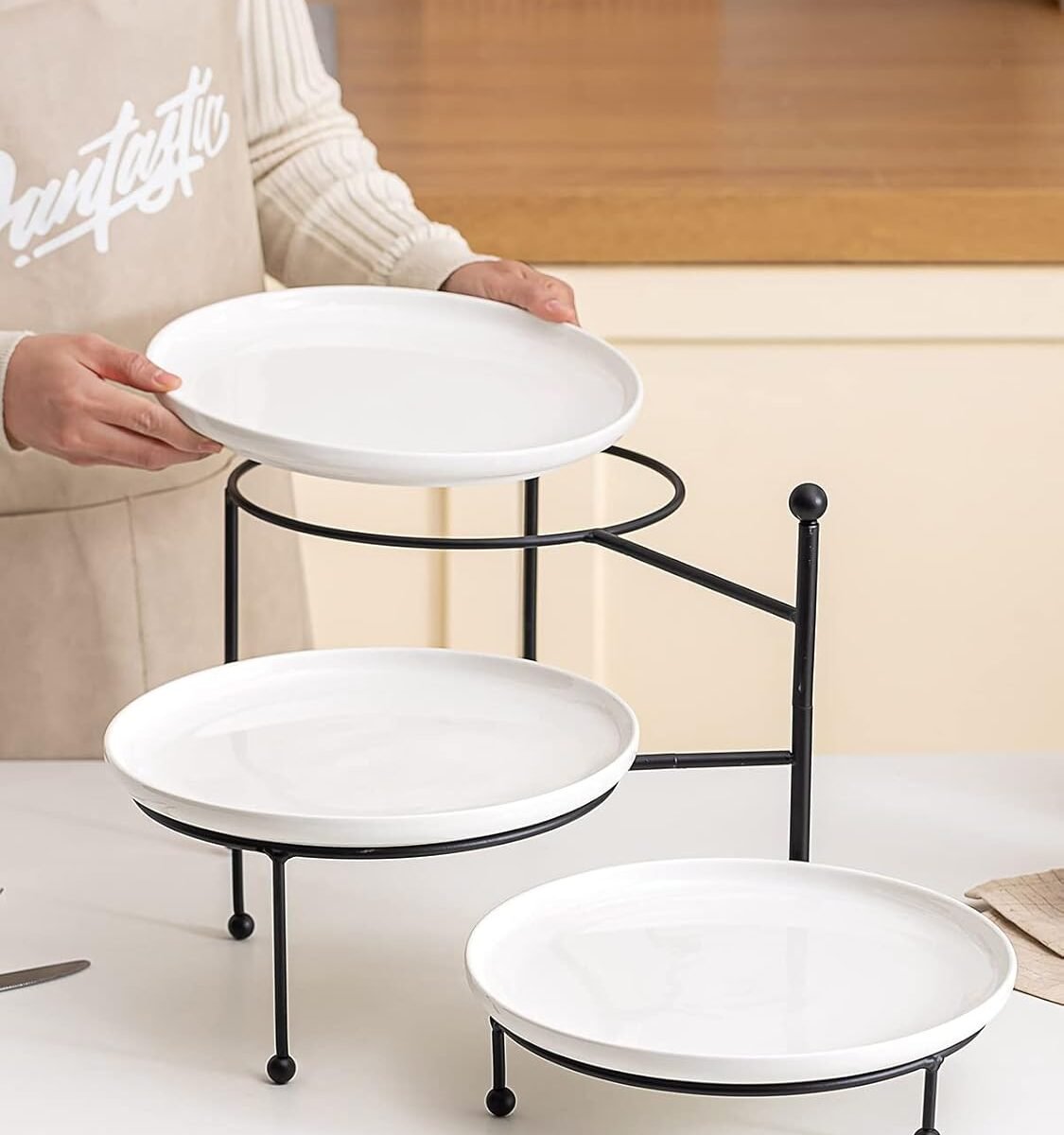 3 Tiered Serving Stand with White Porcelain Plates, 10 Inch Round Tray, Black Metal Stand, Versatile & Durable