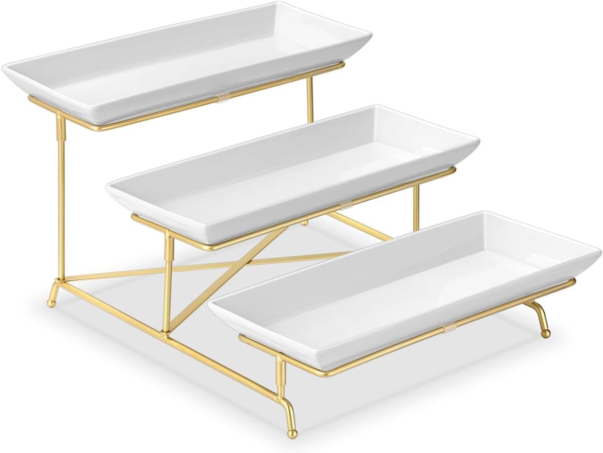 3 Tier Serving Tray Set 14 Inch Porcelain Tiered Serving Platters, Collapsible Sturdier Stand with Stable Cross Bars