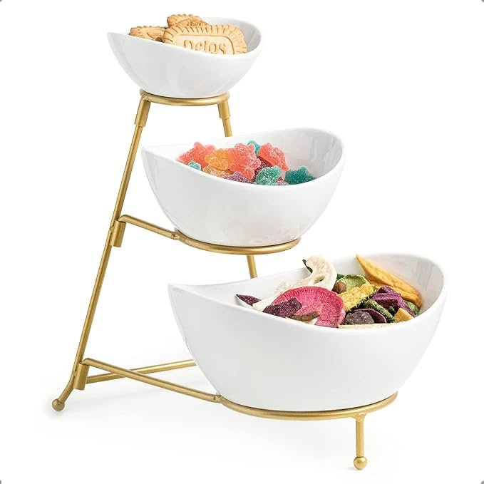 3 Tiered Serving Tray  Salad Snack Table Display Set Fruit Bowl White ceramic and Gold metal stand.
