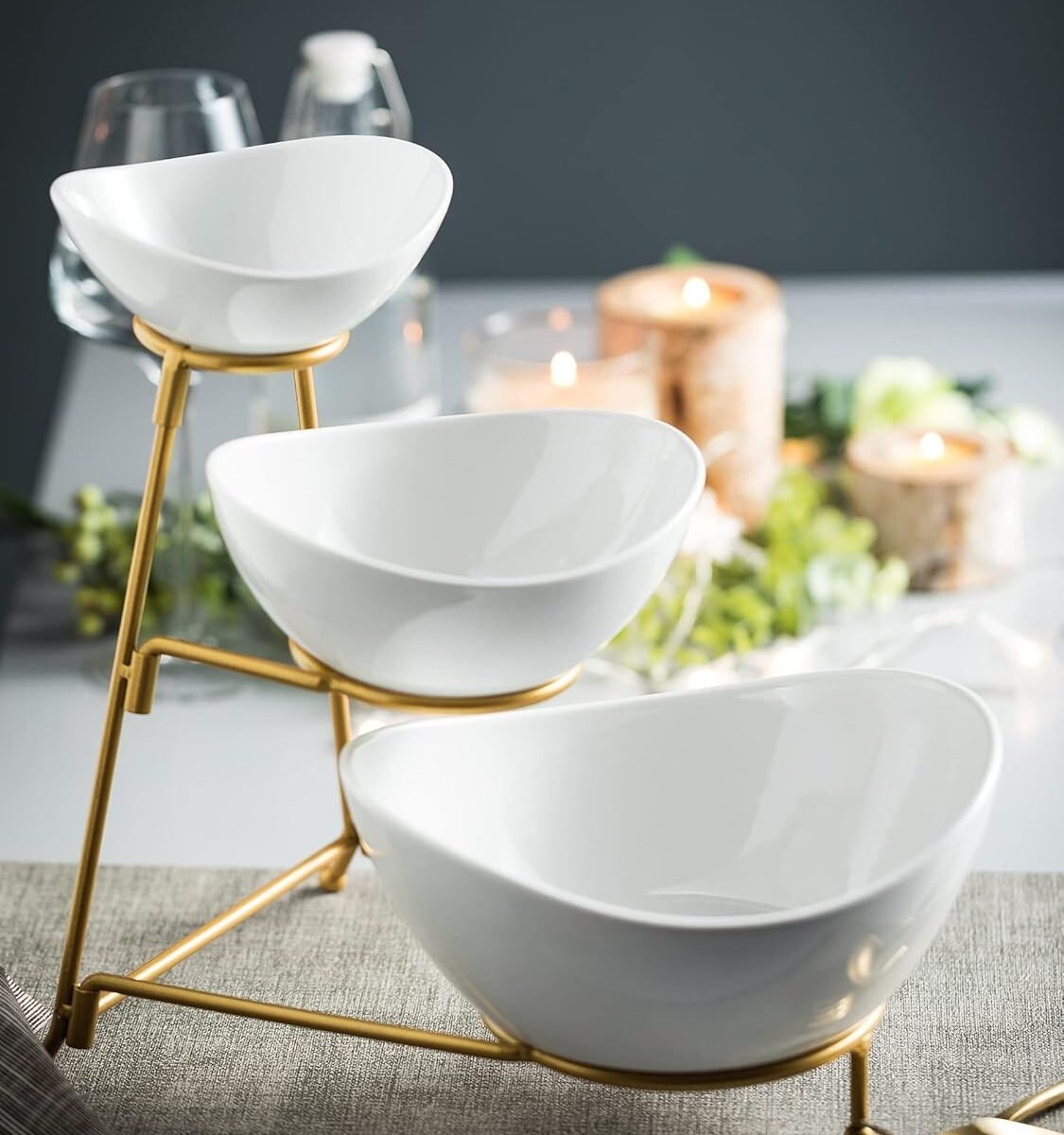 3 Tiered Serving Tray  Salad Snack Table Display Set Fruit Bowl White ceramic and Gold metal stand.