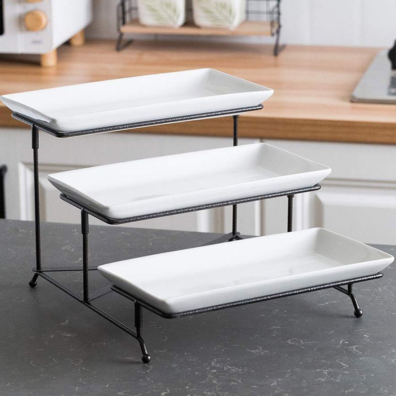 3 Tier Cup Cake Snack Fruit Server Tray Display Serving Dishes Plates 12 Inch White Porcelain Serving Trays with Black Metal Stand
