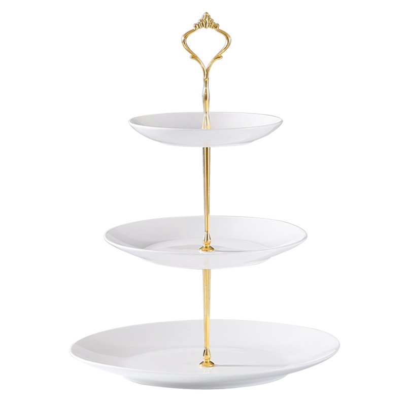 Round Pastry Cupcake Stand Set Elegant White Ceramic Dessert Serving Tray with Silver Gold Handle