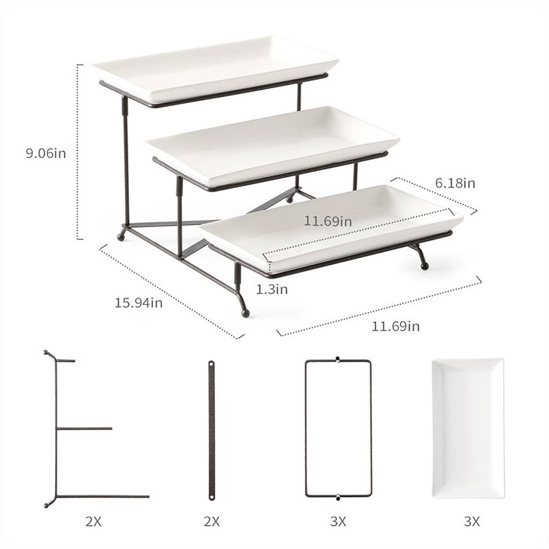 3 Tier Cup Cake Snack Fruit Server Tray Display Serving Dishes Plates 12 Inch White Porcelain Serving Trays with Black Metal Stand