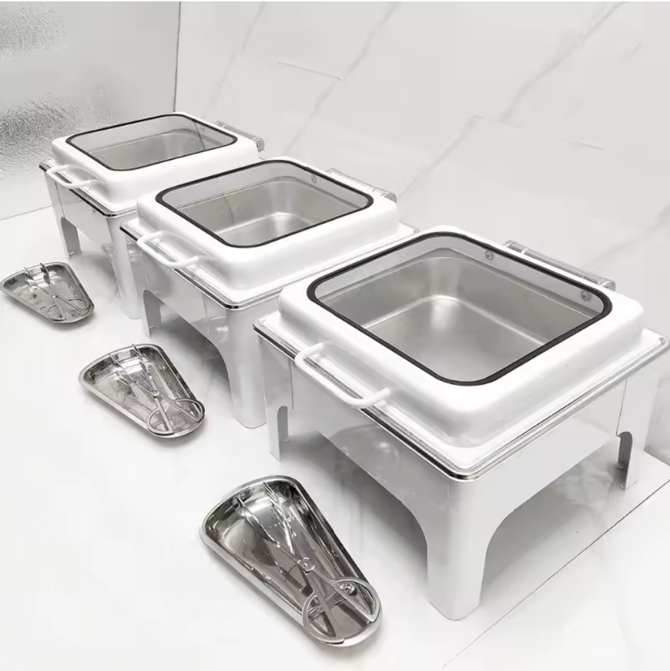 Square Stainless Steel 9L Food Warmer White Chafing Dish Buffet Glass Serving Dishes for Sale
