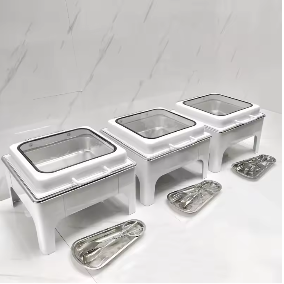 Square Stainless Steel 9L Food Warmer White Chafing Dish Buffet Glass Serving Dishes for Sale