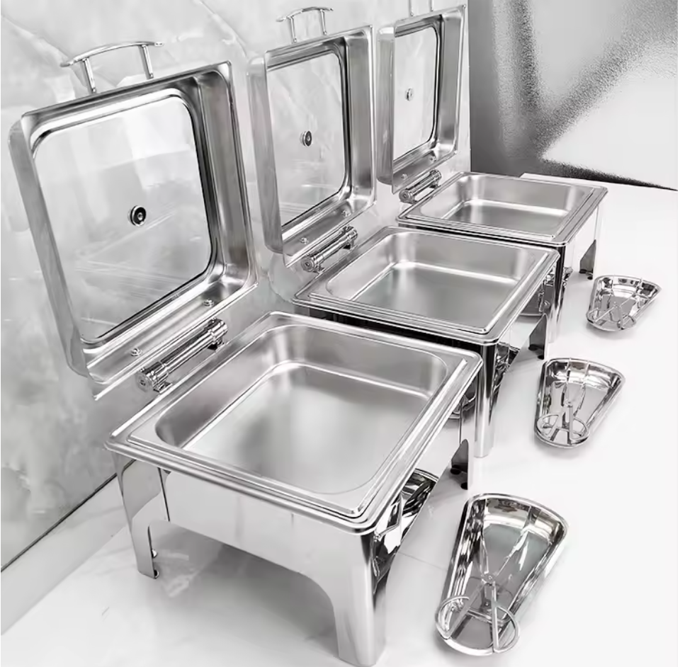 9L Stainless Steel Chafing Dish Full Glass Window Electric Square Buffet Dishes