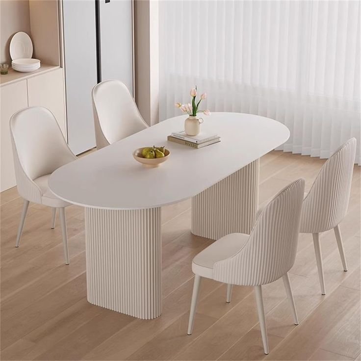 Marble Dining Table White Chairs Set of 4 Fluted Oval Dining Table Contemporary Kitchen Dining Room