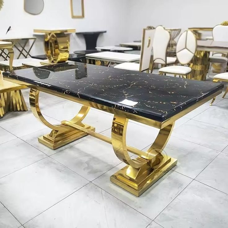 Black and White Gold Modern Rectangular Faux Marble Dining Table
