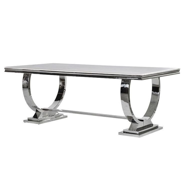 White Silver Modern 72" Rectangular Faux Marble Dining Table Silver U-Base in Grey Silver